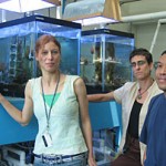 researchers in front of coral tanks