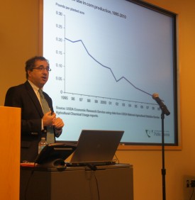Jaffe presents a graph showing reduction in insecticide use from use of Bt corn crops.