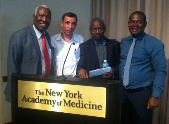 At a recent symposium on African development in New York City, sponsored by the National Academy of Sciences, the National Academy of Engineering and the Institute of Medicine are, from the left, Ratemo Michieka, representing the Kenya national Academy of Sciences; Hany El-Shemy, Egyptian Academy of Sciences; Oyewale Tomori, Nigerian Academy of Science; and Noble Banadda, Makerere University, Uganda.