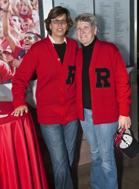 Kate, right, celebrates at the Varsity R Letterwinners Association festivities last fall with June Olkowski (DC’82), an All-American and the first women’s basketball player to have her Jersey (Number 45) retired.