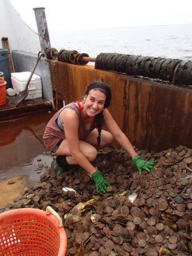 Shellfish technician Sarah Borsetti of the Haskin Shellfish Lab at Rutgers University sorts the catch during the 2014 federal scallop survey. at Virginia Institute of Marine Science
