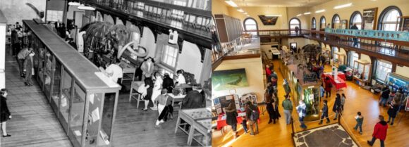 Old and new photos of open house in museum.