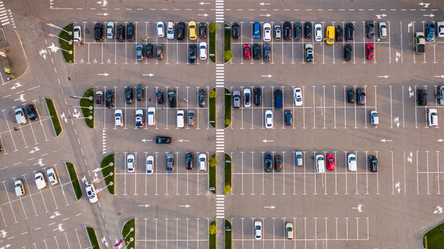 Aerial view of vehicles in a parking lot