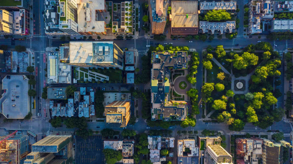 Aerial view of city buildings.