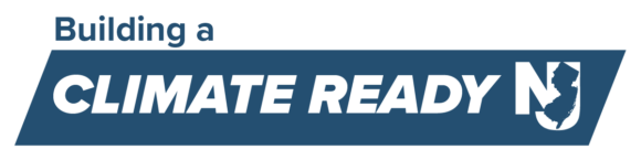 The Building a Climate Ready NJ Logo. The project title is written out and a silhouette of New Jersey is stylistically inserted between the letters in “NJ”.