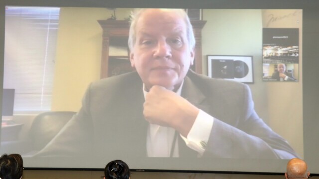 Guest speaker Mark Atkinson speaks to attendees via Zoom.