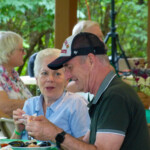 People talking at tables