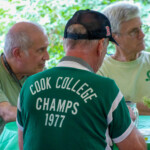 People talking at tables